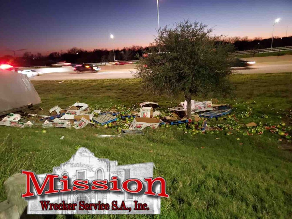 mission wrecker service watermelons strewn besdie i 37 before heavy towing